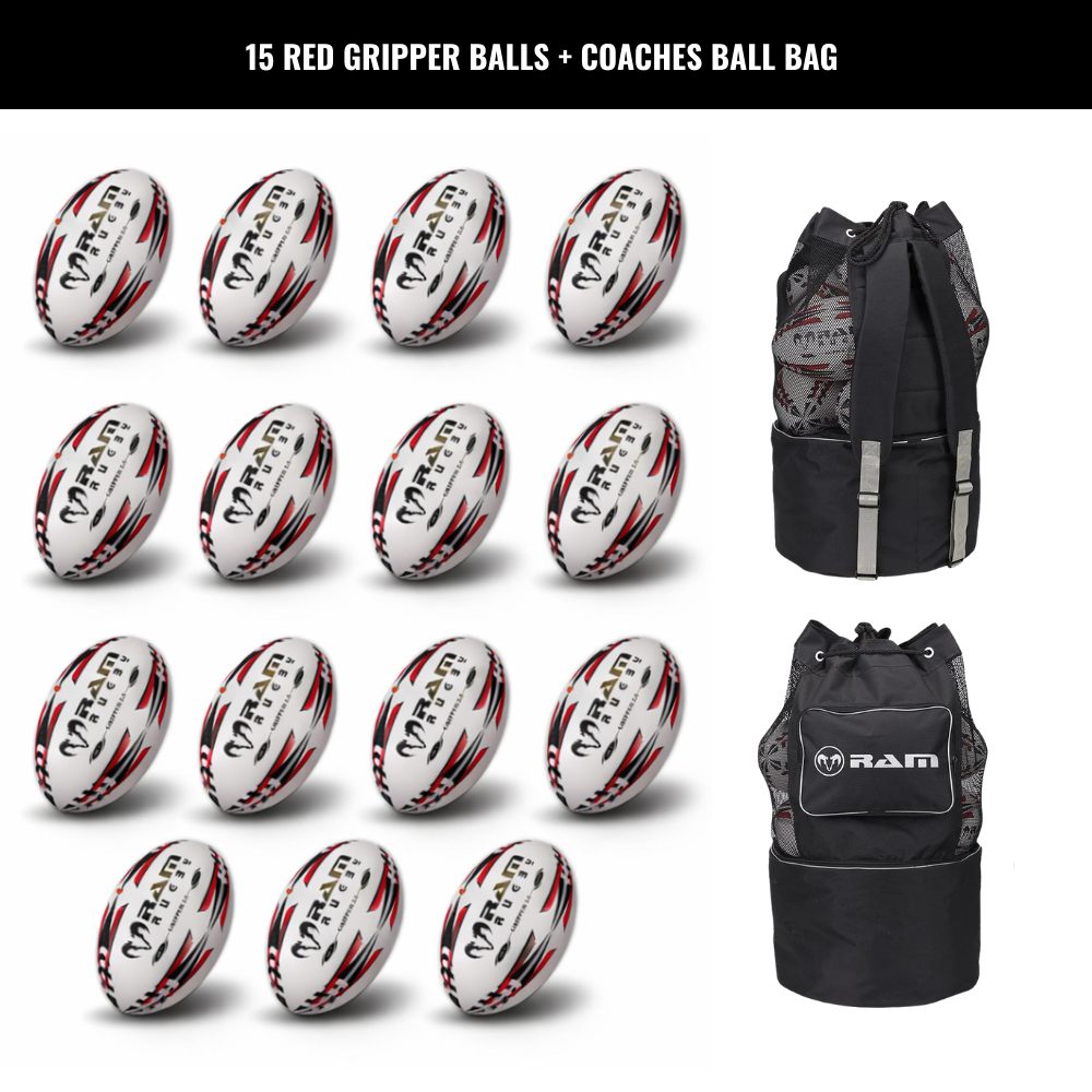 Paquete de Balones de Rugby Ram Rugby Gripper 2.0 Pro Trainer 15 Balones 2 Bolsa