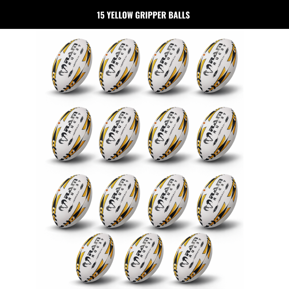 Paquete de Balones de Rugby Ram Rugby Gripper 2.0 Pro Trainer 15 Balones 2 Bolsa