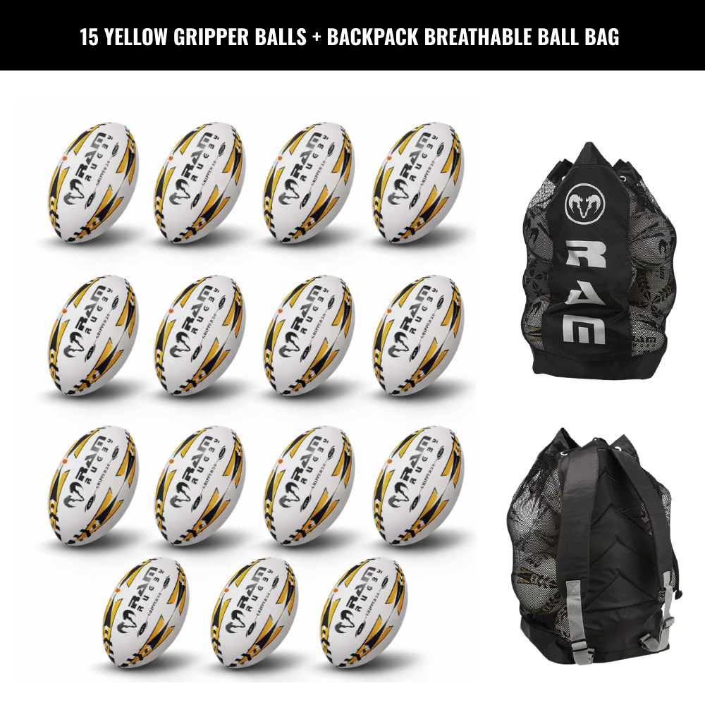 Paquete de Balones de Rugby Ram Rugby Gripper 2.0 Pro Trainer 15 Balones 2 Bolsa
