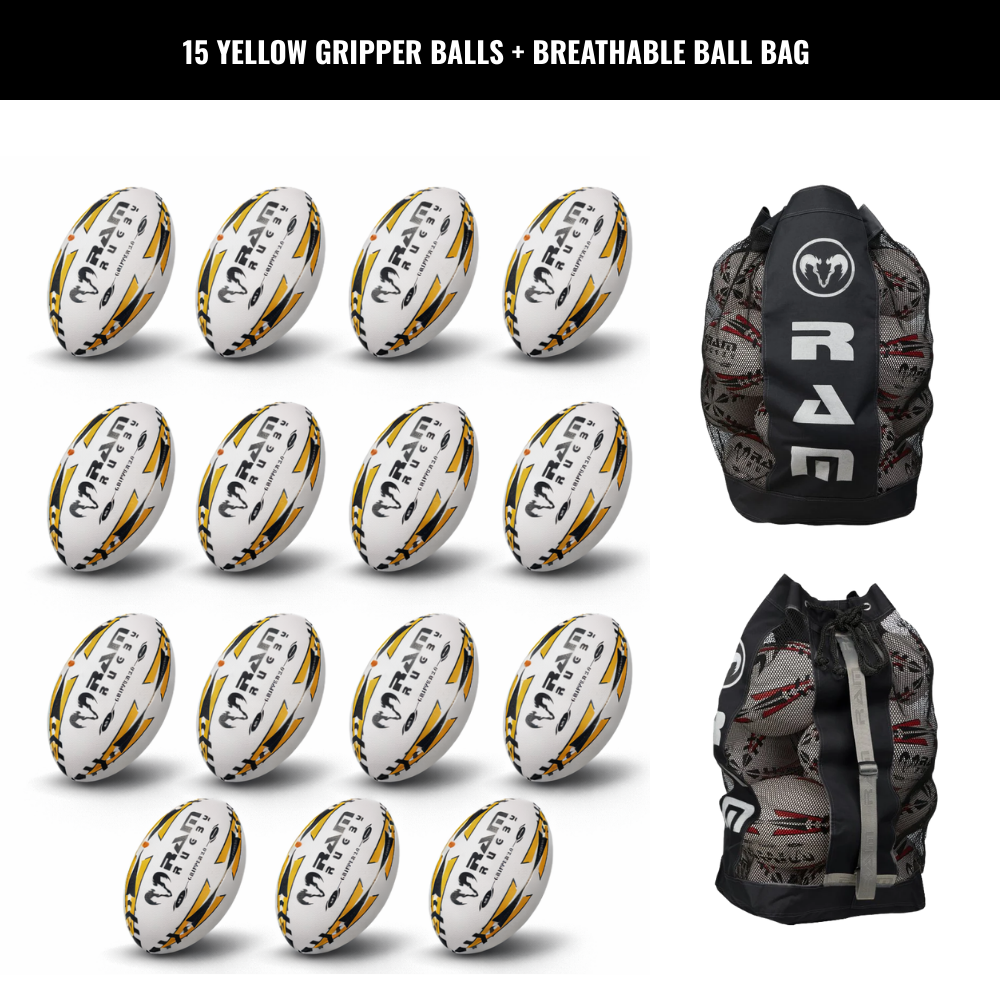 Paquete de Balones de Rugby Ram Rugby Gripper 2.0 Pro Trainer 15 Balones 2 Bolsa