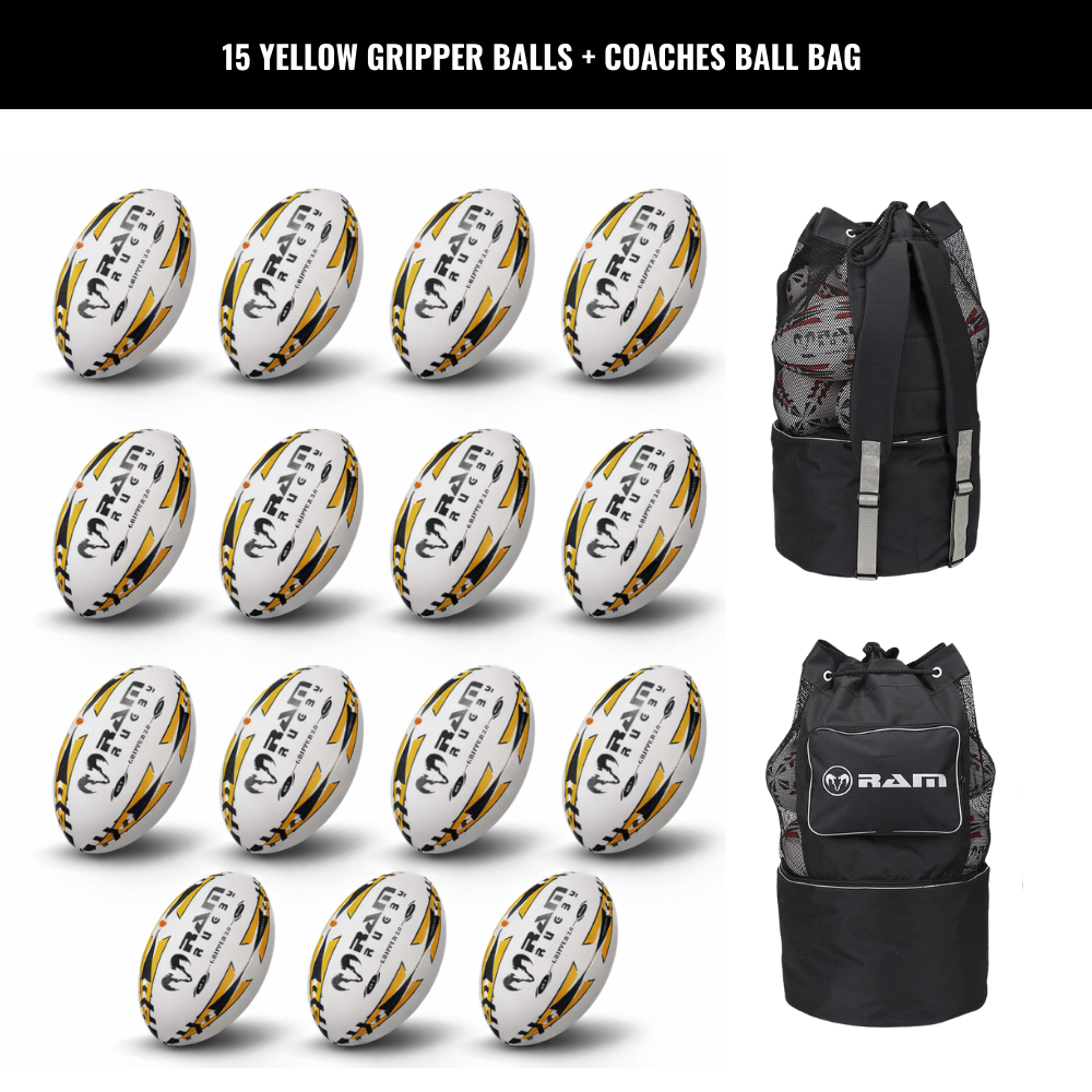 Paquete de Balones de Rugby Ram Rugby Gripper 2.0 Pro Trainer 15 Balones 2 Bolsa