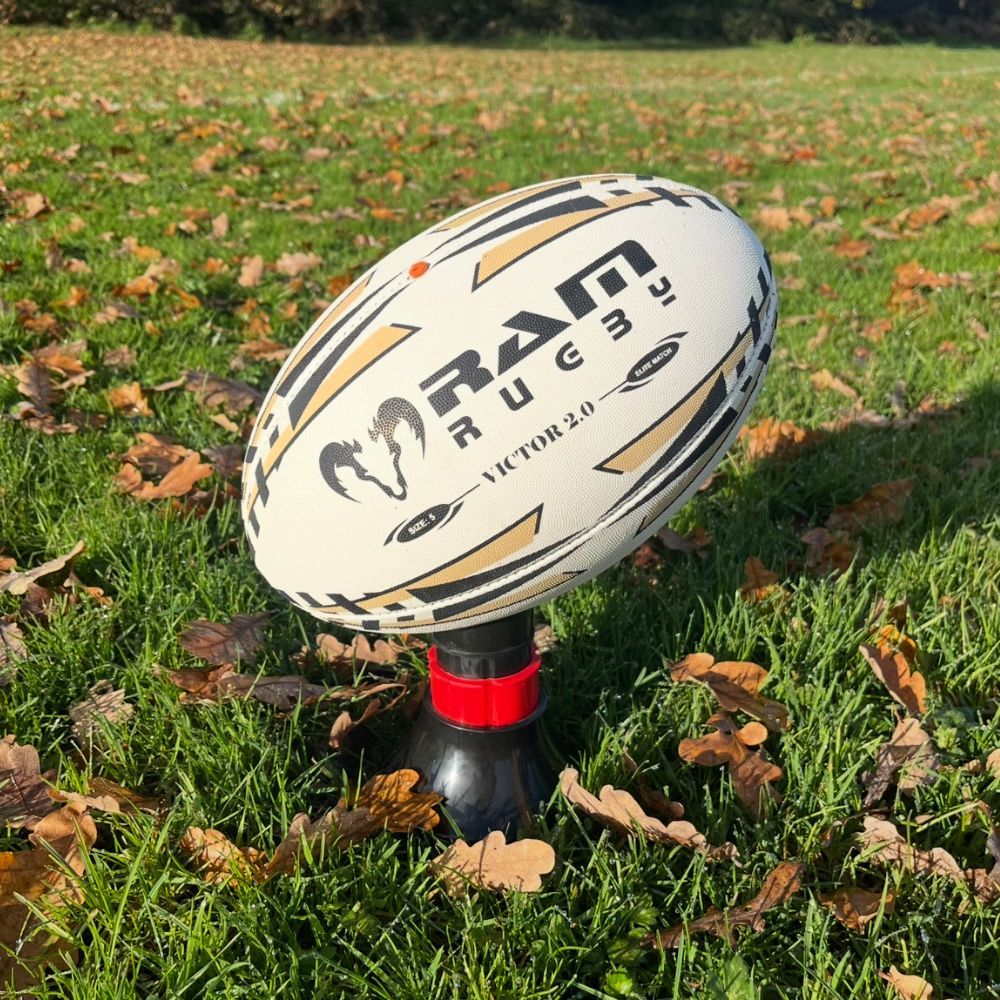 Ram Rugby Victor 2.0 Elite Match Rugby Ball close-up showing durable 4-ply polycotton construction and 3D grip texture