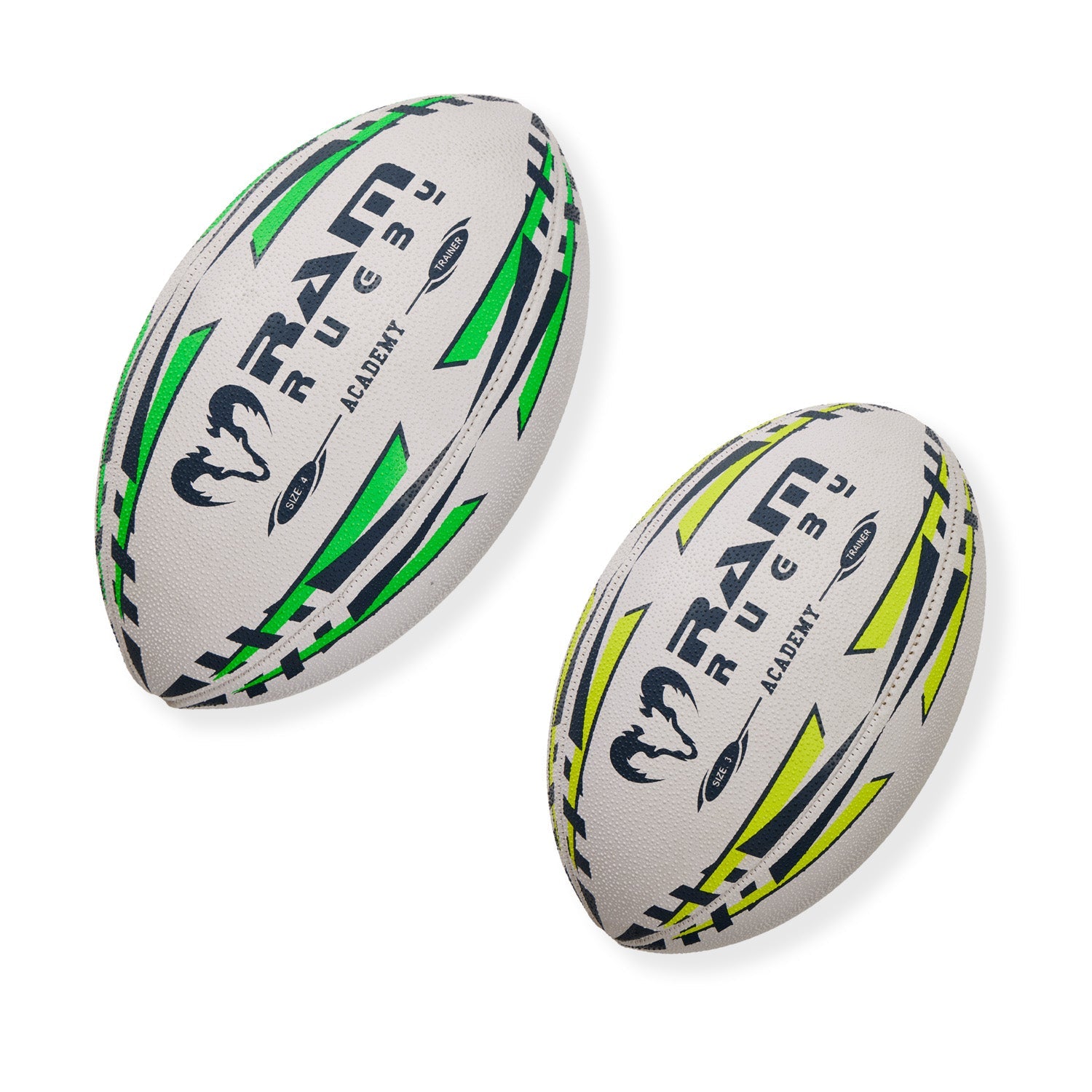Ram Rugby Academy Trainer Ball in sizes 3 and 4 with durable polycotton, rubber grip for youth rugby training sessions