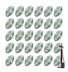 Thirty Ram Rugby Academy Trainer rugby balls in bright yellow stacked neatly next to two black breathable storage bags for training.