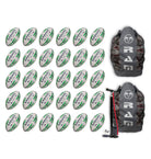 Stack of Ram Rugby Academy Trainer Ball Bundle with 30 red and white training rugby balls alongside two breathable storage bags