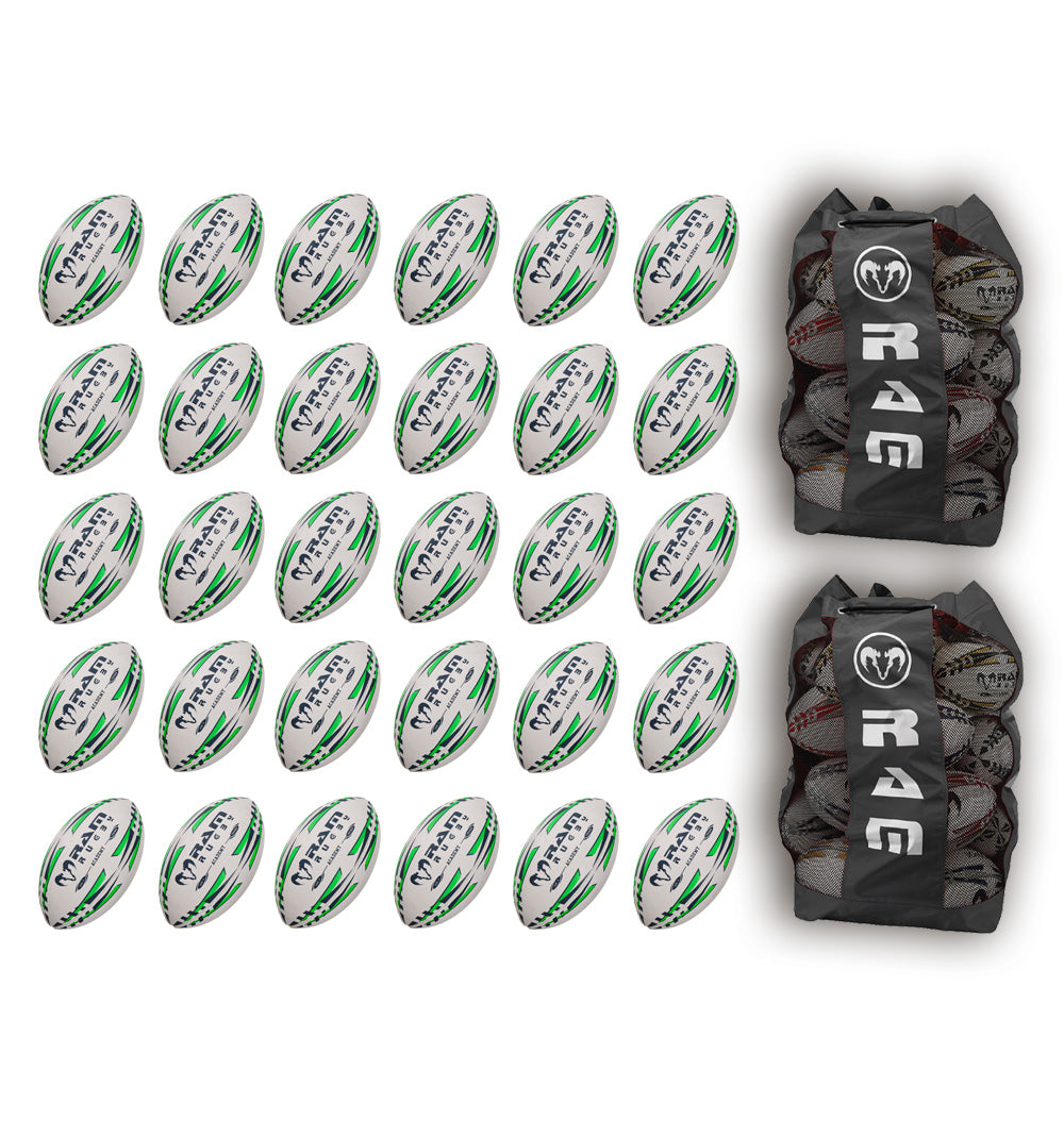 Ram Rugby Academy Trainer Ball Bundle showing 30 junior-sized rugby balls in breathable storage bags for youth training