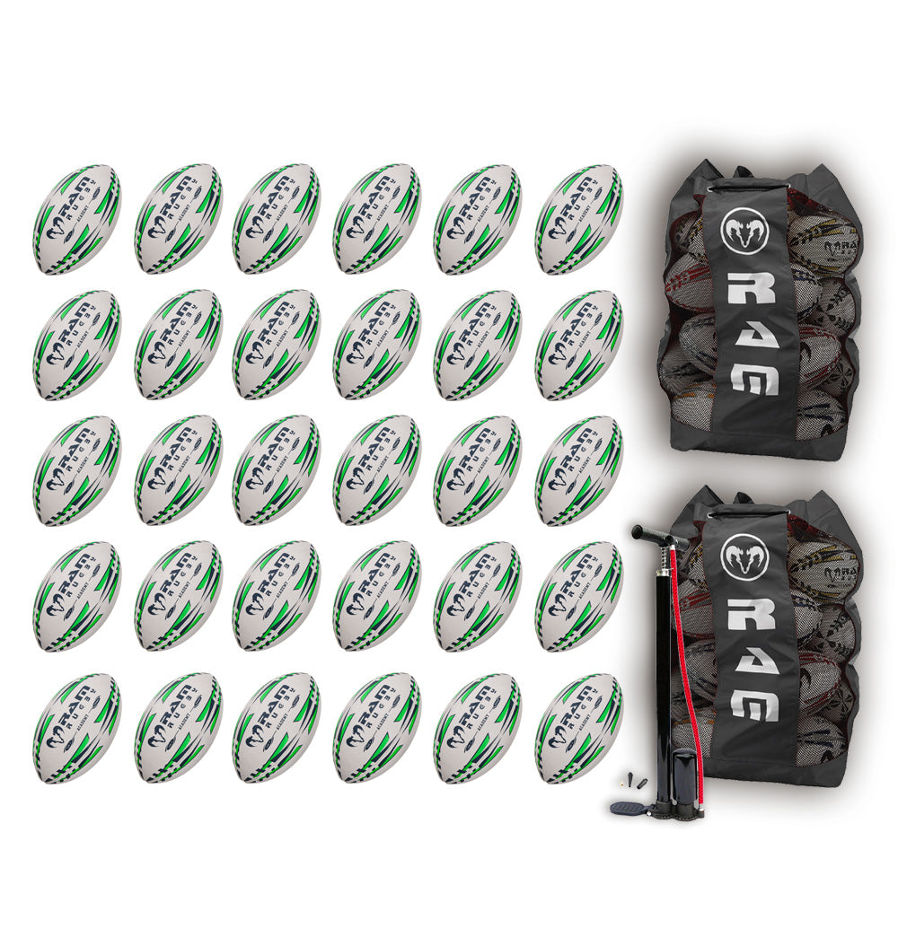 Thirty Ram Rugby Academy Trainer rugby balls neatly stacked inside two breathable black storage bags for youth training sessions