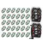 Thirty Ram Rugby Academy Trainer rugby balls neatly stacked inside two breathable black storage bags for youth training sessions