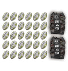 Thirty Ram Rugby Academy Trainer Balls neatly stacked with two black breathable storage bags for youth rugby training sessions
