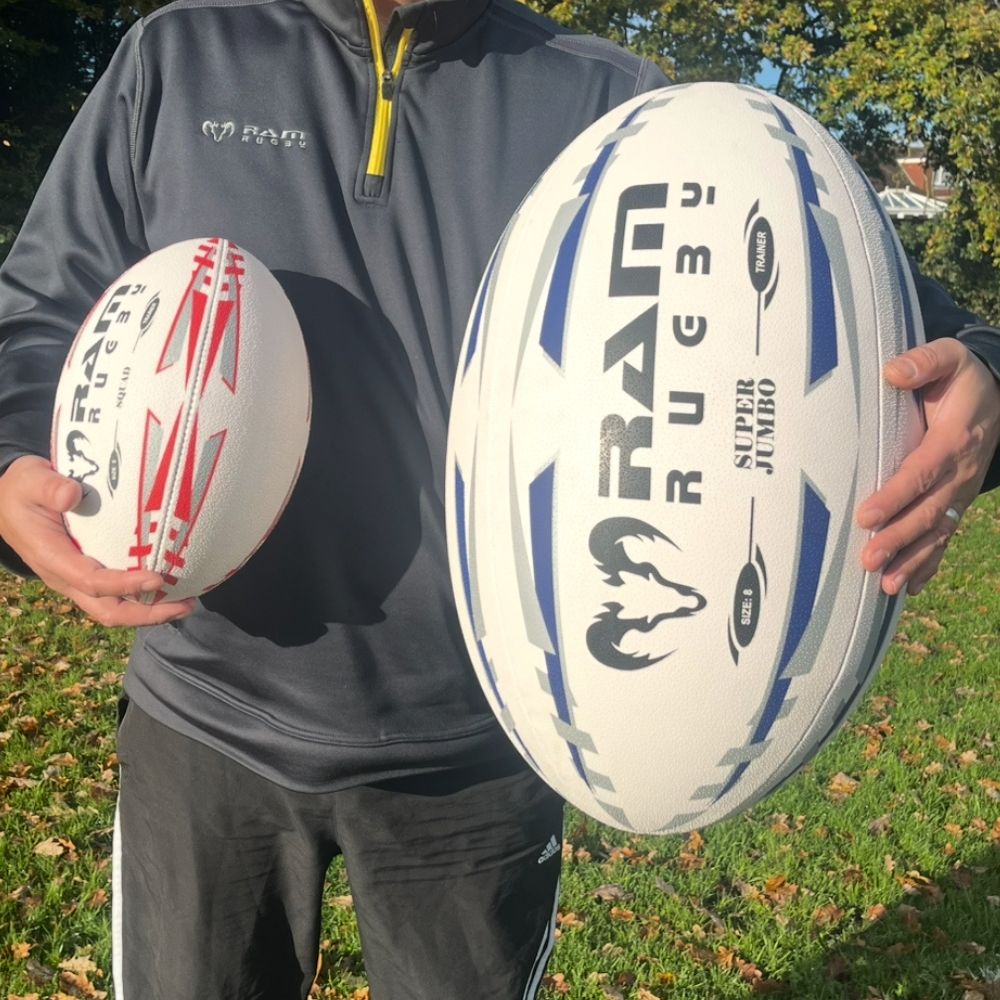 Ram Rugby Giant 66cm Super Jumbo rugby ball in bright blue with 3D grip, extra-large fun ball for clubs and schools