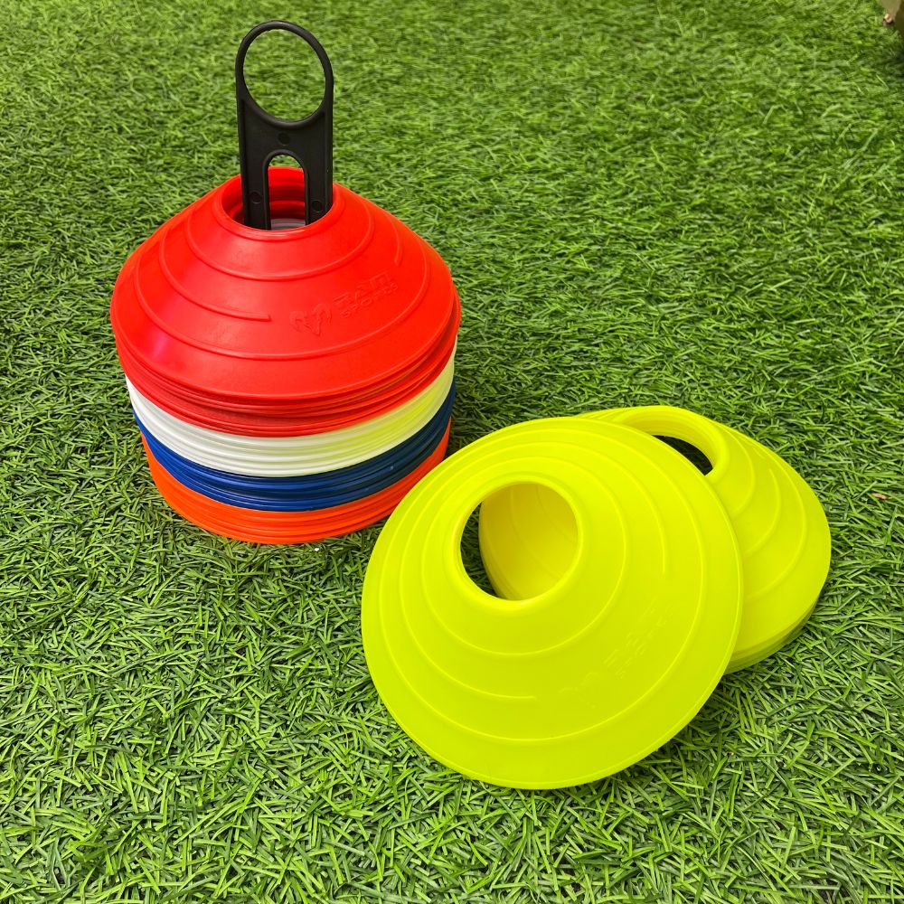 Set of 50 Ram Rugby durable club training marker cones in five fluorescent colors with stand holder for rugby drills and practice