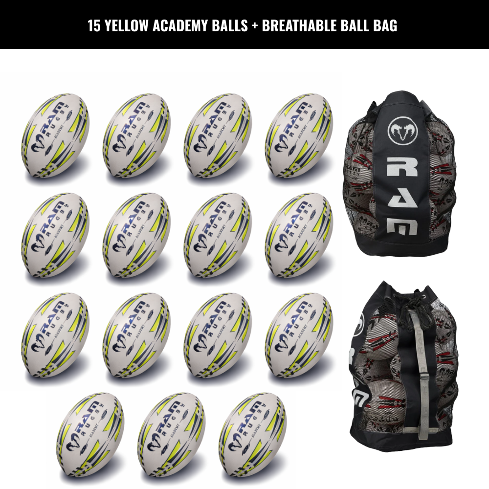 Paquete de 15 Balones de Entrenamiento de la Academia de Rugby Ram con Bolsas de Almacenamiento