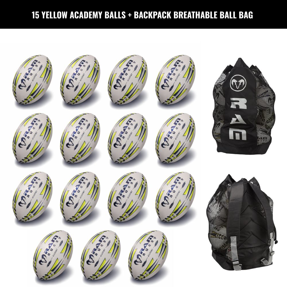 Paquete de 15 Balones de Entrenamiento de la Academia de Rugby Ram con Bolsas de Almacenamiento