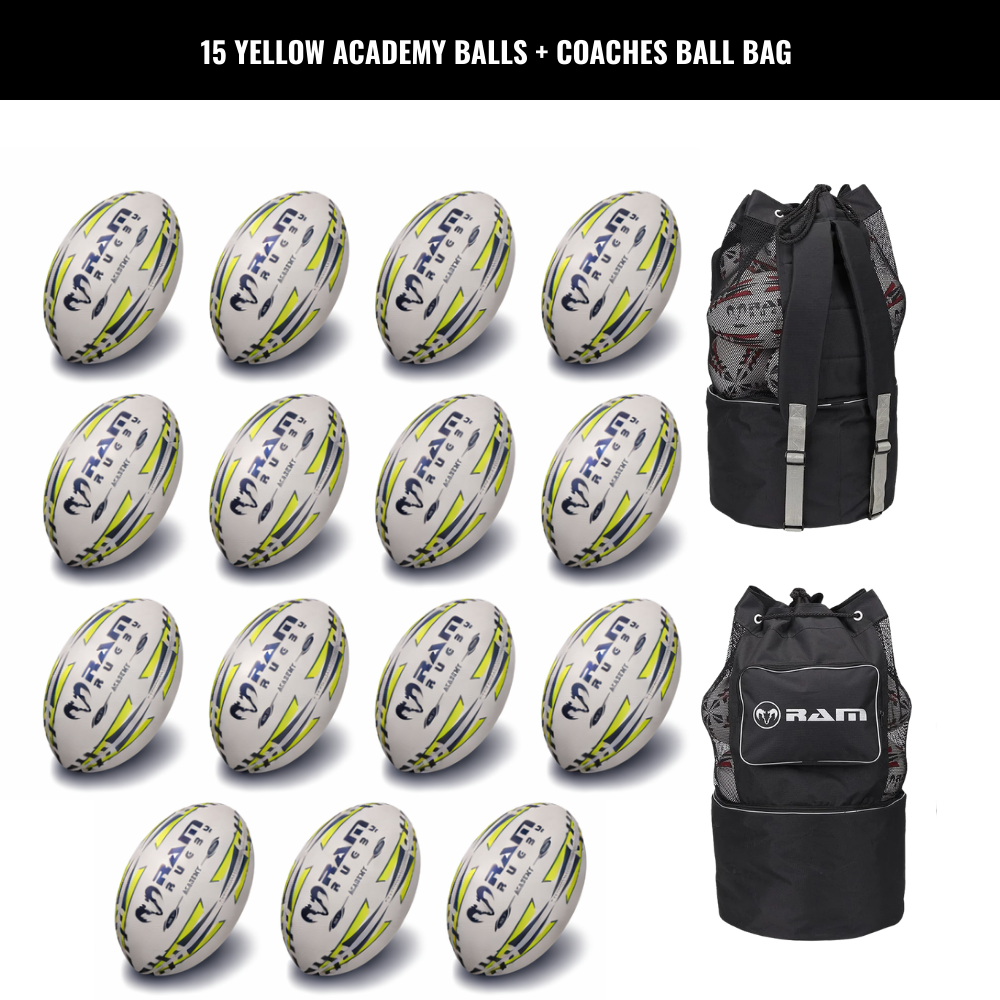 Paquete de 15 Balones de Entrenamiento de la Academia de Rugby Ram con Bolsas de Almacenamiento