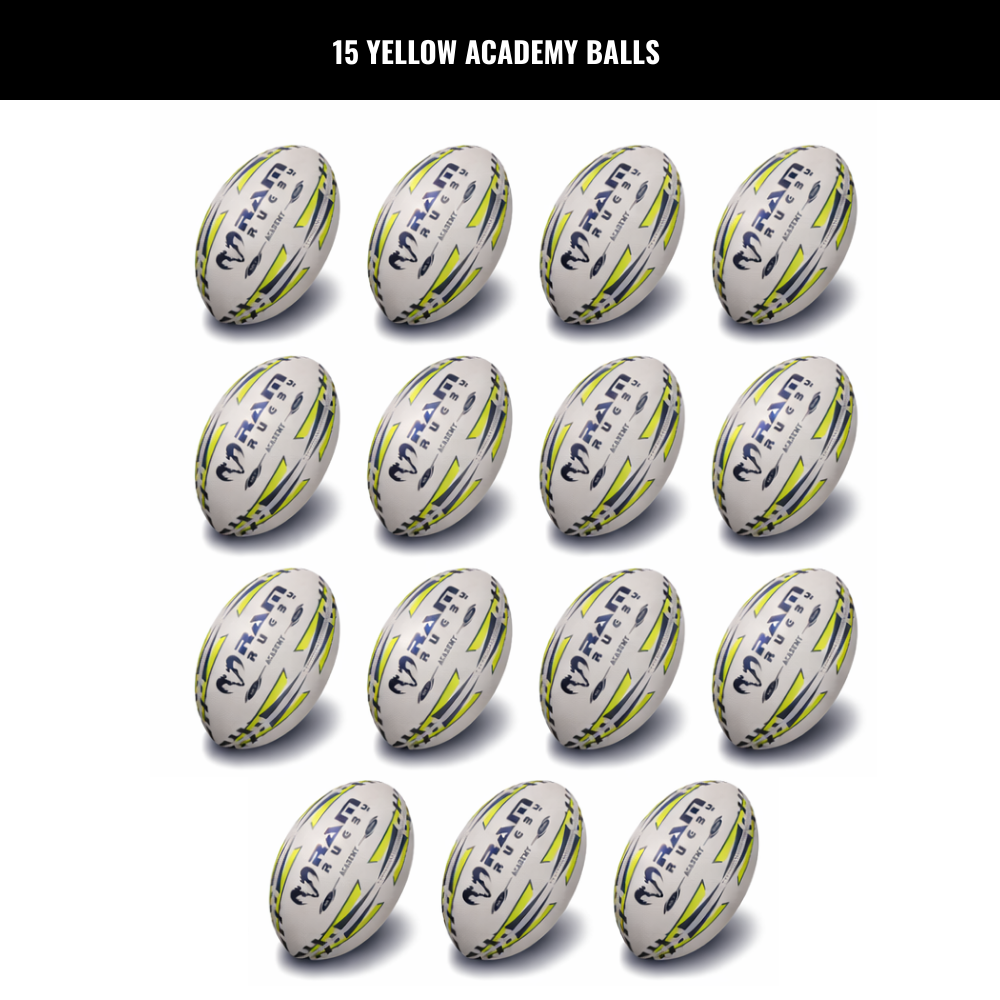Paquete de 15 Balones de Entrenamiento de la Academia de Rugby Ram con Bolsas de Almacenamiento