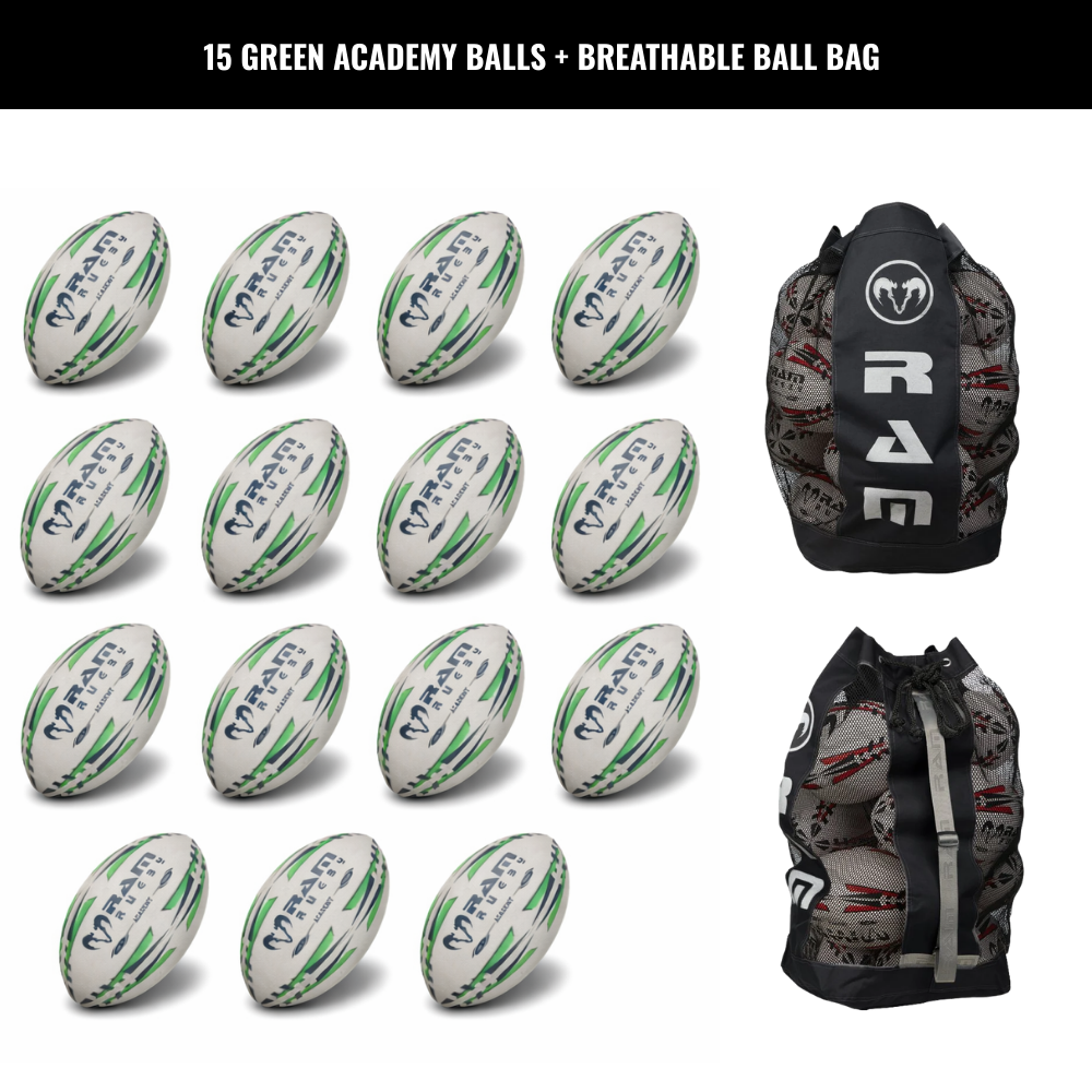 Paquete de 15 Balones de Entrenamiento de la Academia de Rugby Ram con Bolsas de Almacenamiento