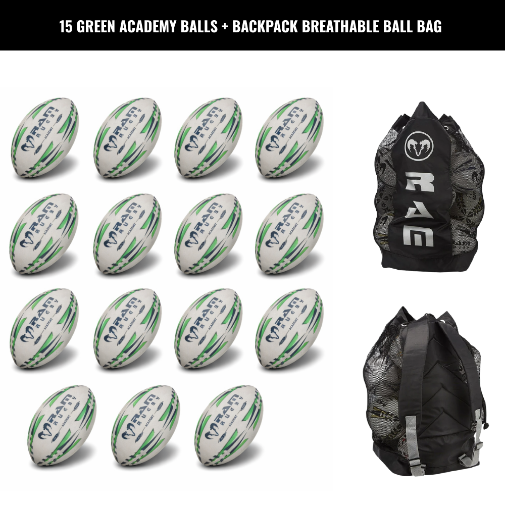 Paquete de 15 Balones de Entrenamiento de la Academia de Rugby Ram con Bolsas de Almacenamiento