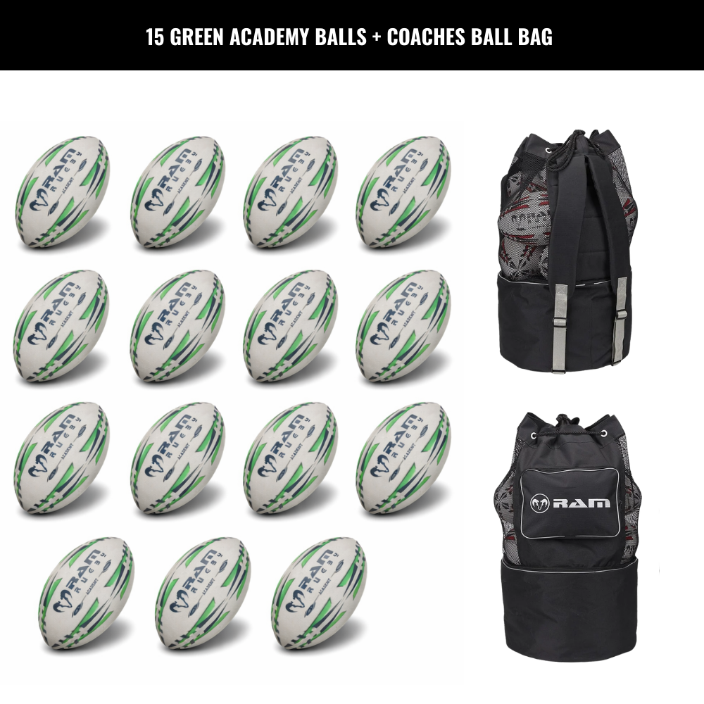 Paquete de 15 Balones de Entrenamiento de la Academia de Rugby Ram con Bolsas de Almacenamiento