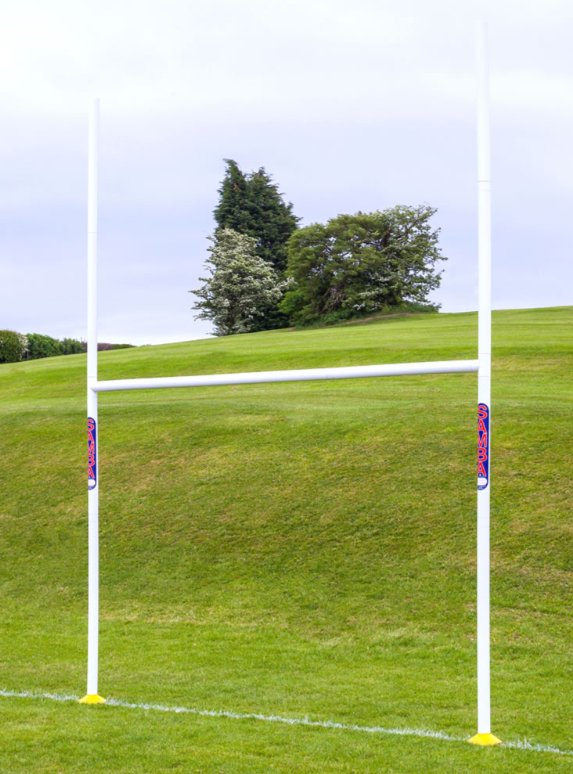 Ram Rugby 3.6m mini plastic rugby goal posts showing lightweight, durable high-impact uPVC frame and easy assembly features