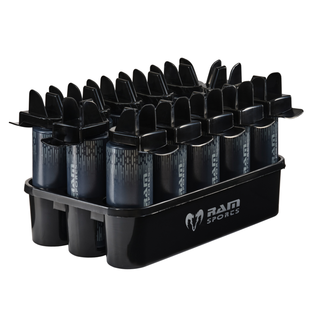 Ram Rugby 12 bottle black plastic water bottle carrier with ergonomic handle, durable shatterproof PVC, compact design