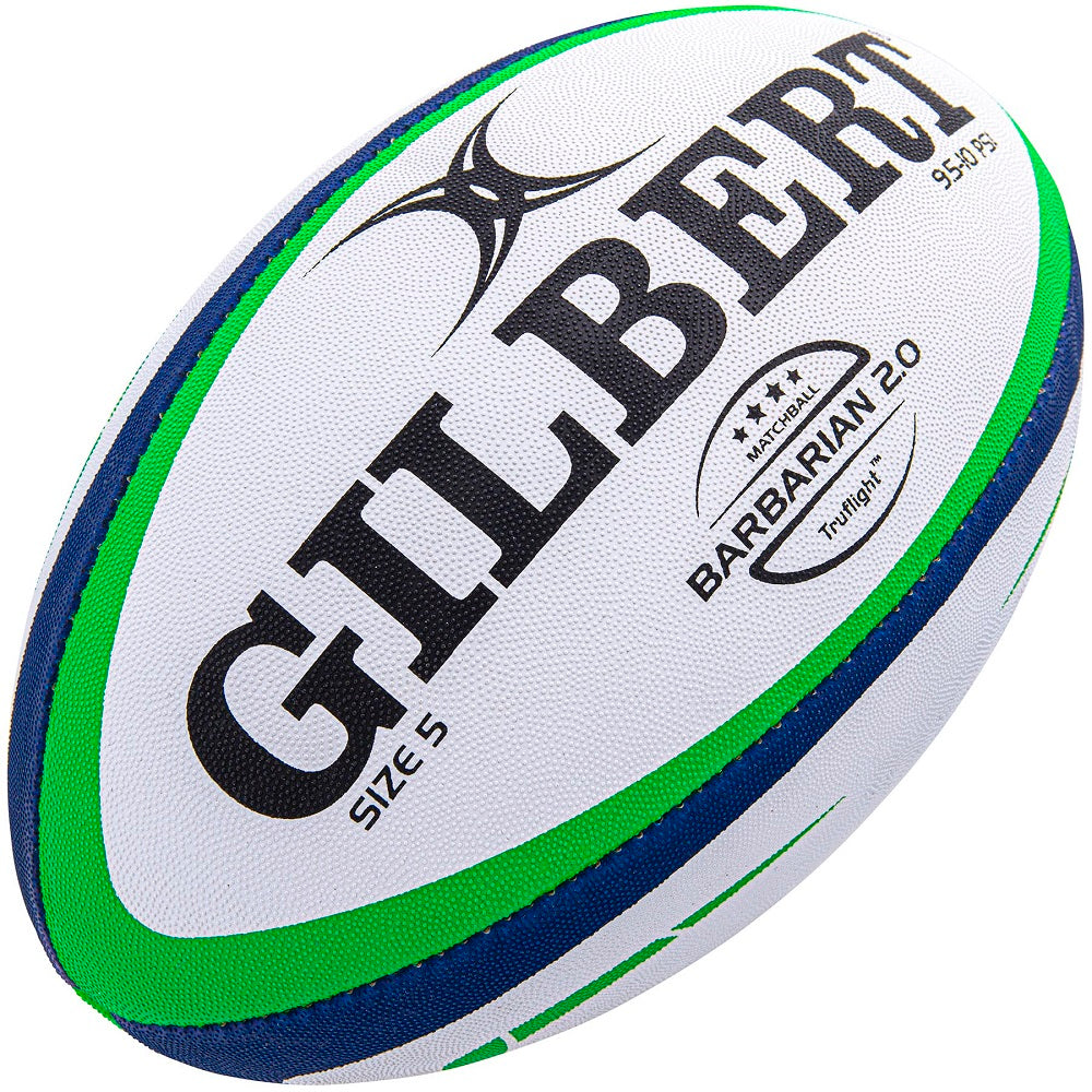 Custom Gilbert rugby balls by Ram Rugby featuring vibrant printed logos, ideal for clubs and events, delivered in 20 weeks.