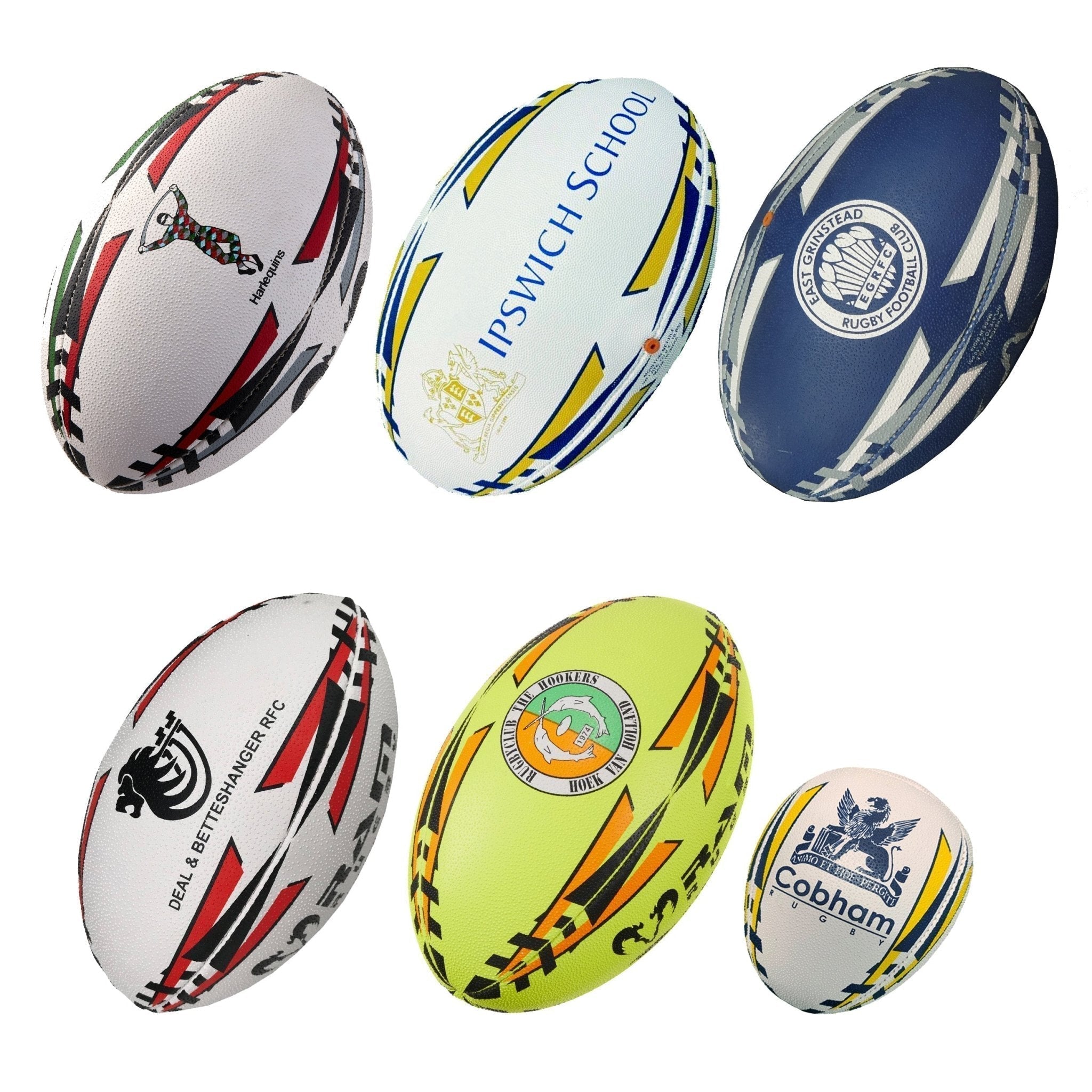 Set of Ram Rugby custom training balls in Gripper 2.0 style with branded ball bags for clubs and schools, navy and orange design