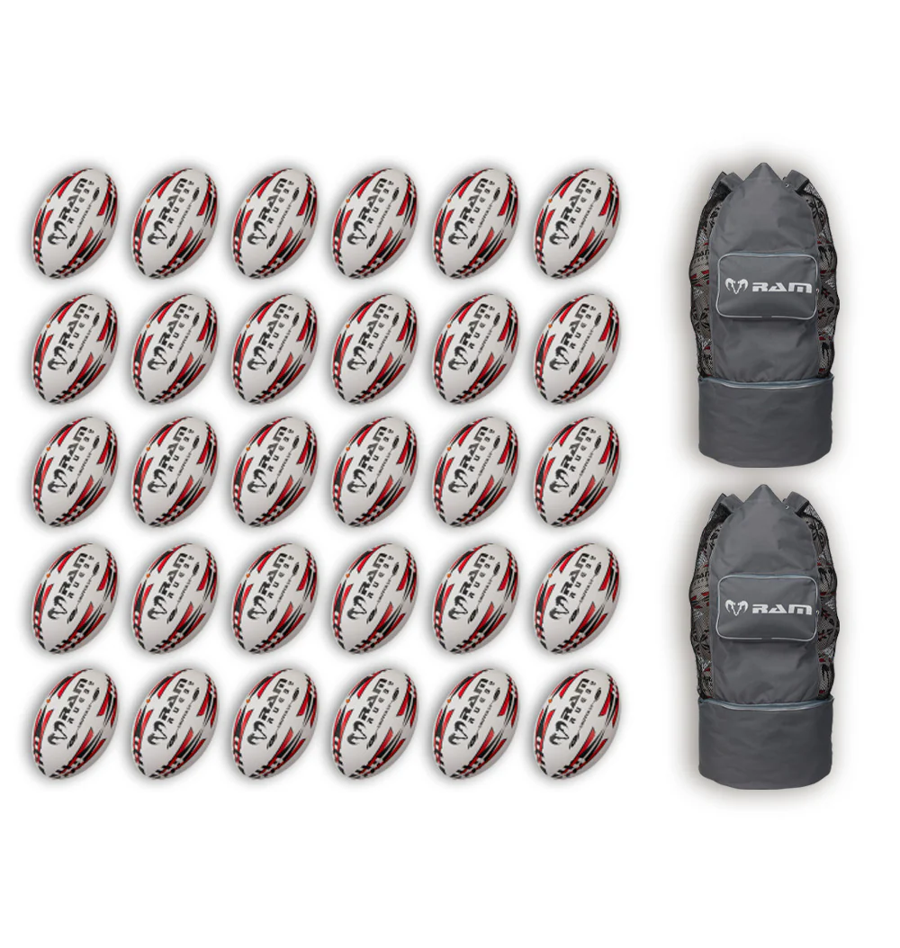 Paquete de Balones de Rugby Ram Rugby Gripper 2.0 Pro Trainer 30 Balones 2 Bolsas