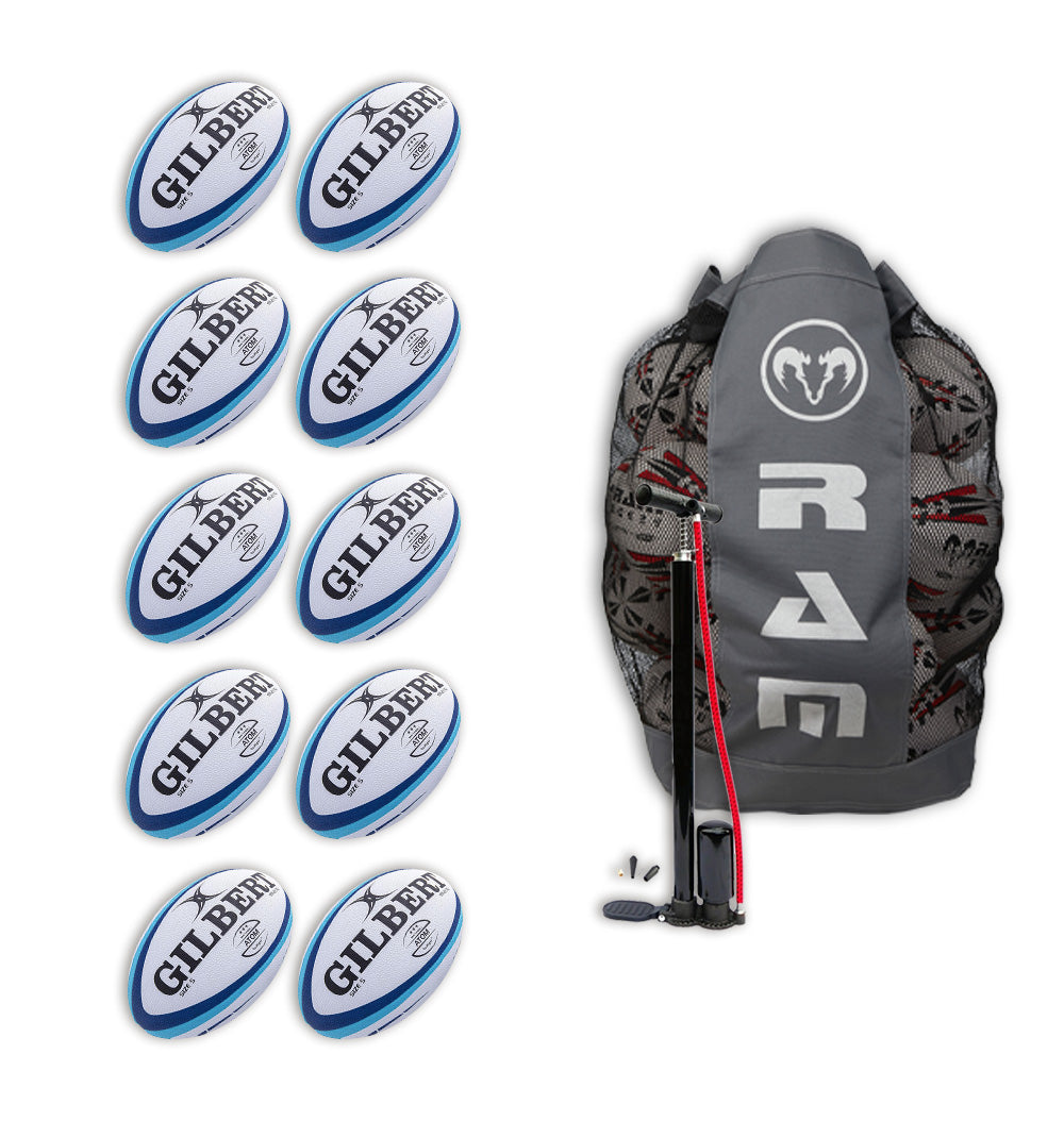 Ten Gilbert Atom match rugby balls in bright white and green, bundled with a black breathable storage bag for easy transport