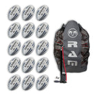 Fifteen Ram Rugby Raider 2.0 black match balls neatly stacked inside a black breathable ball bag for easy transport and storage