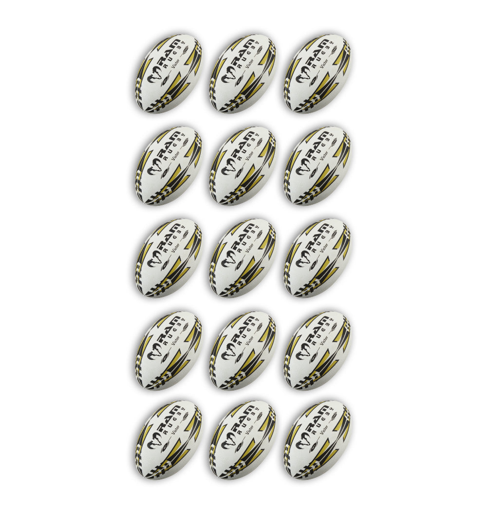Paquete de Balones de Rugby Ram Victor 2.0 Elite para Partidos - 15 Balones Tamaño 5 y Bolsa