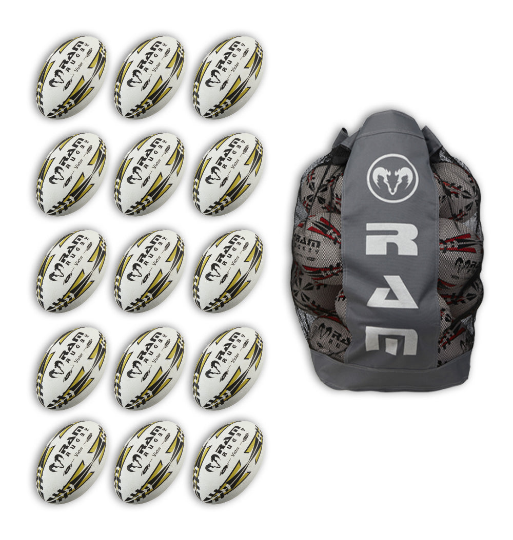 Paquete de Balones de Rugby Ram Victor 2.0 Elite para Partidos - 15 Balones Tamaño 5 y Bolsa