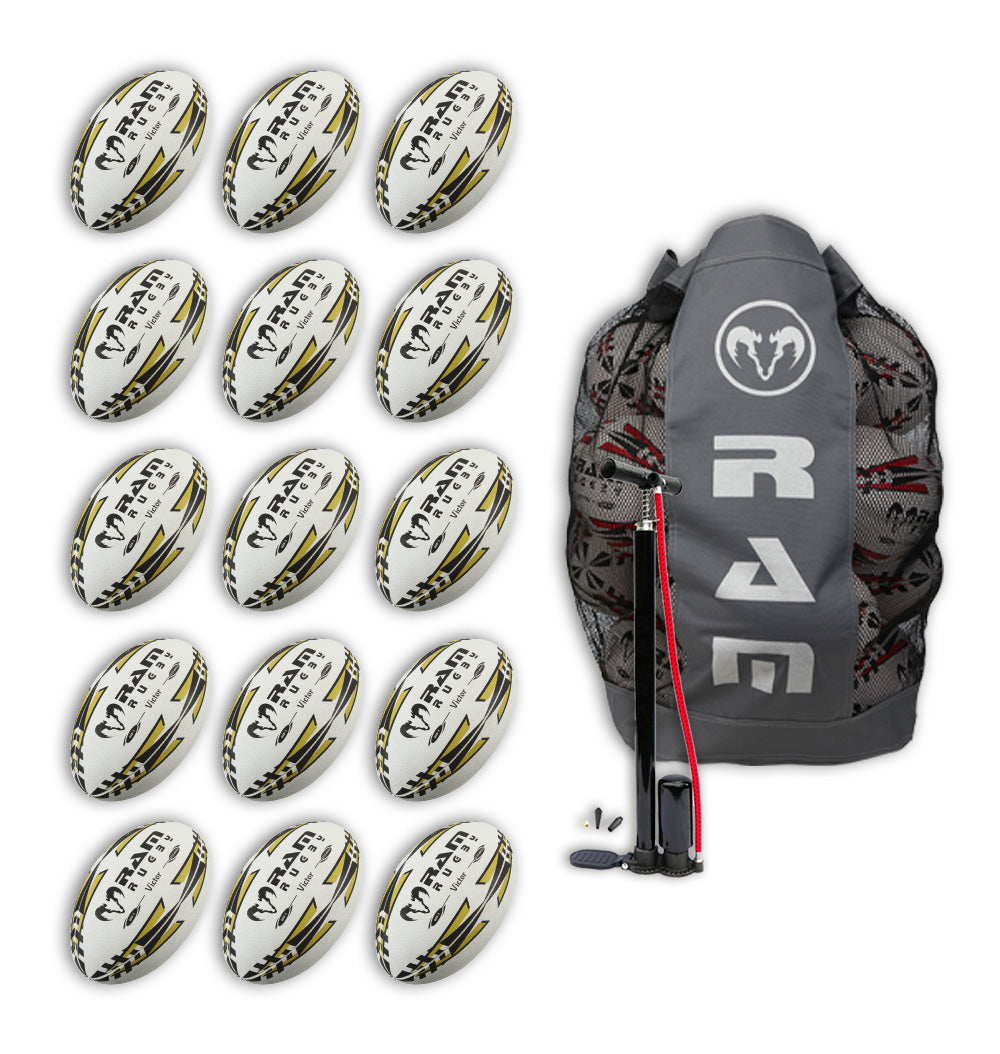 Paquete de Balones de Rugby Ram Victor 2.0 Elite para Partidos - 15 Balones Tamaño 5 y Bolsa