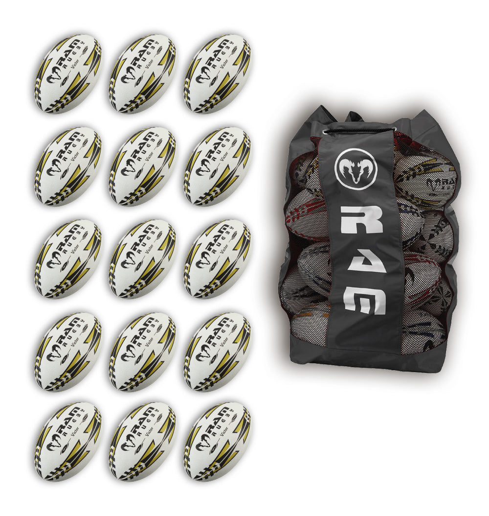 Paquete de Balones de Rugby Ram Victor 2.0 Elite para Partidos - 15 Balones Tamaño 5 y Bolsa
