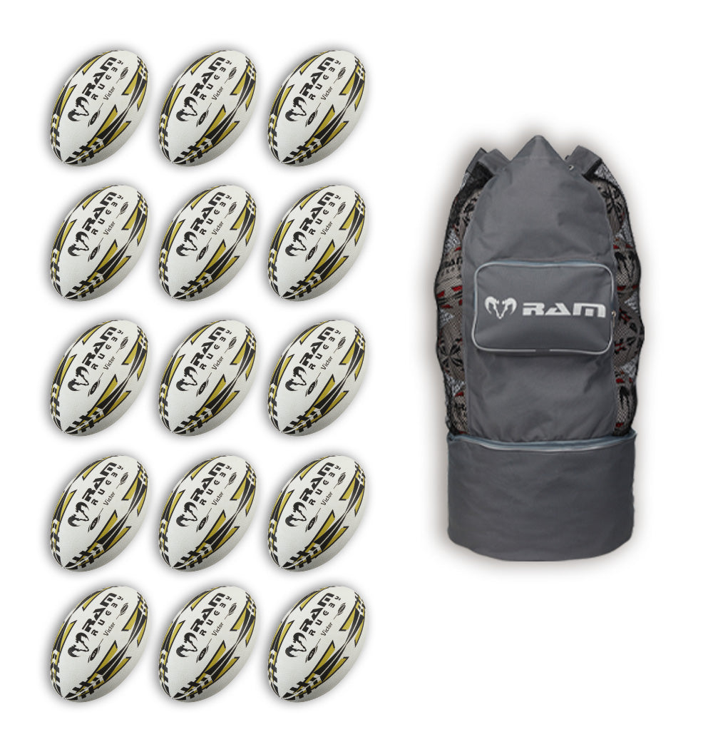 Paquete de Balones de Rugby Ram Victor 2.0 Elite para Partidos - 15 Balones Tamaño 5 y Bolsa