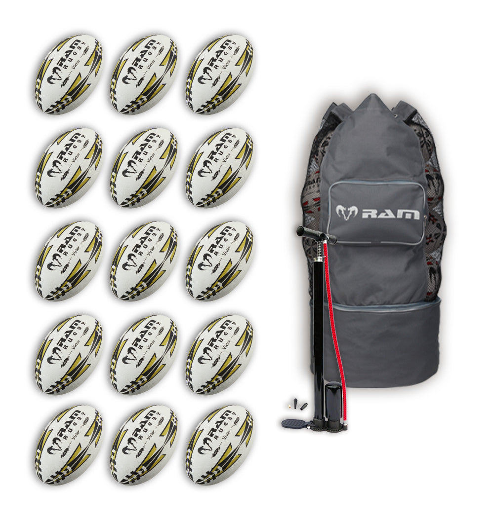 Paquete de Balones de Rugby Ram Victor 2.0 Elite para Partidos - 15 Balones Tamaño 5 y Bolsa