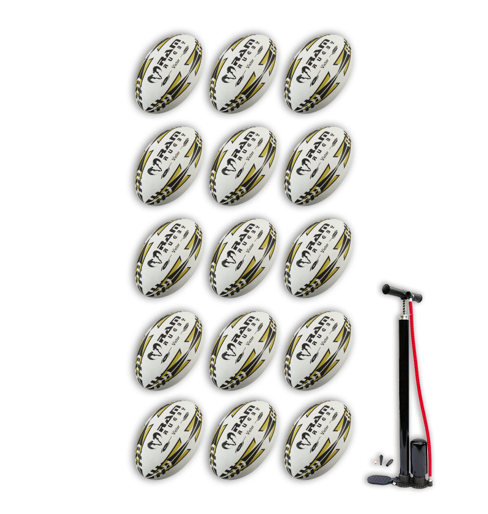 Paquete de Balones de Rugby Ram Victor 2.0 Elite para Partidos - 15 Balones Tamaño 5 y Bolsa