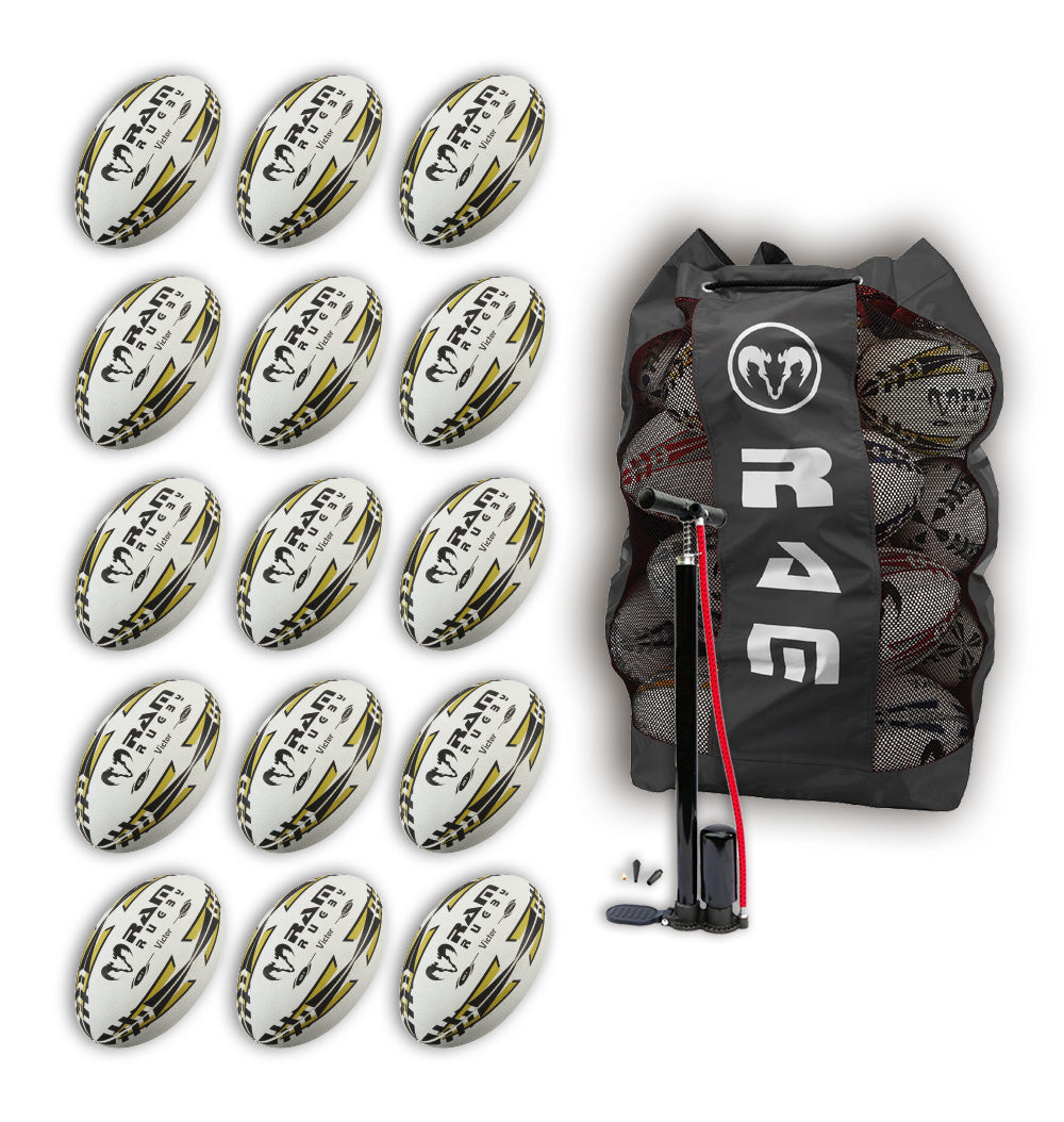 Paquete de Balones de Rugby Ram Victor 2.0 Elite para Partidos - 15 Balones Tamaño 5 y Bolsa