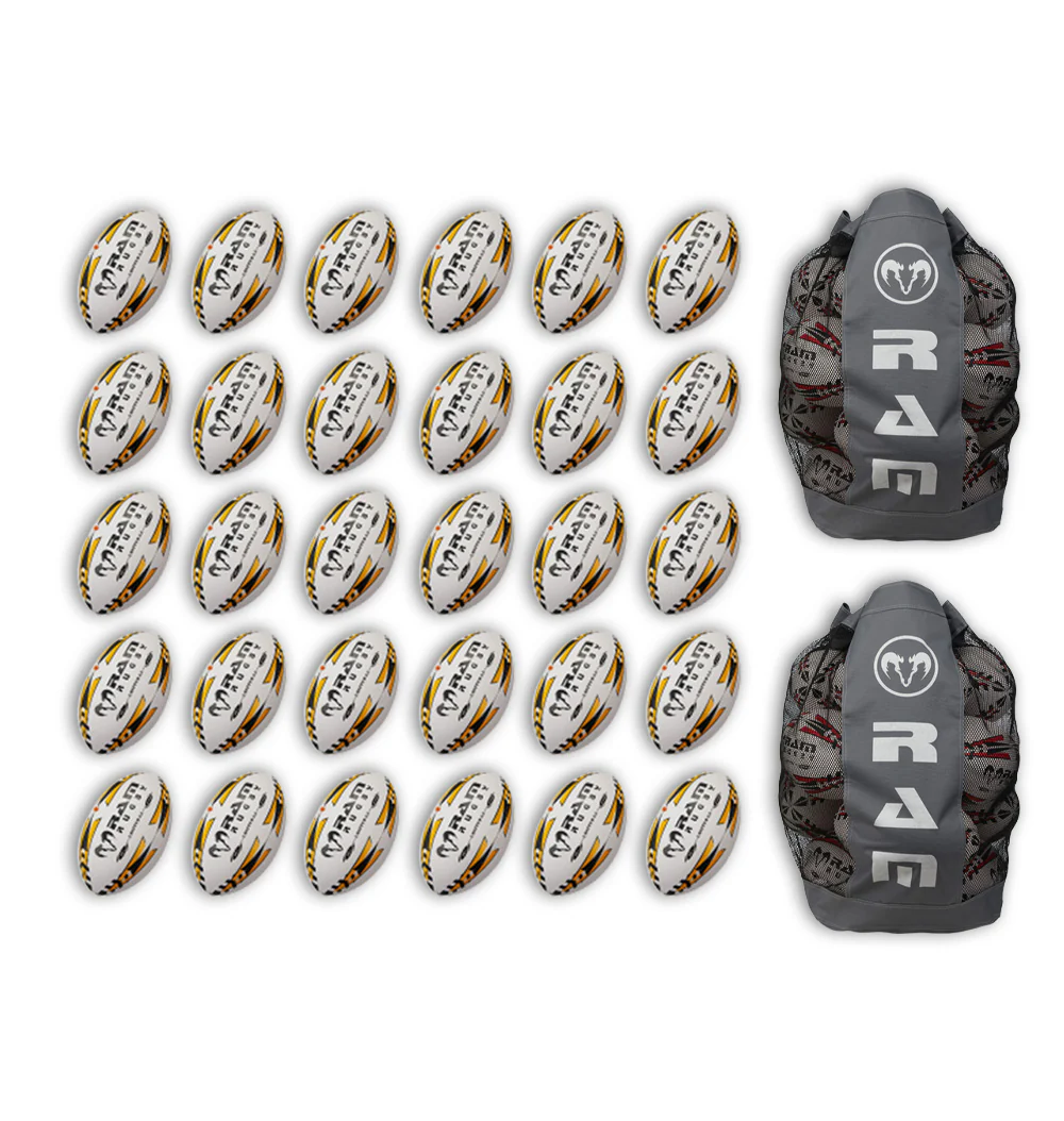 Paquete de Balones de Rugby Ram Rugby Gripper 2.0 Pro Trainer 30 Balones 2 Bolsas
