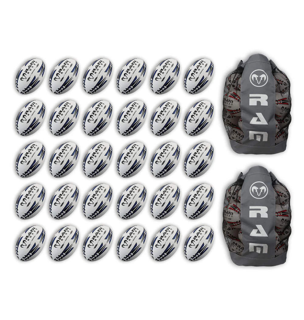 Paquete de Balones de Rugby Ram Rugby Gripper 2.0 Pro Trainer 30 Balones 2 Bolsas