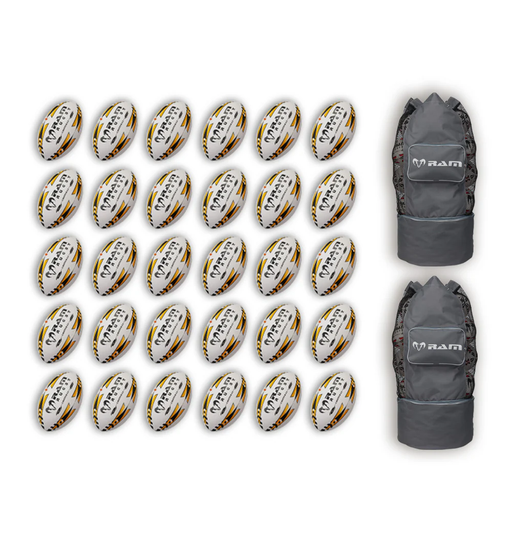 Paquete de Balones de Rugby Ram Rugby Gripper 2.0 Pro Trainer 30 Balones 2 Bolsas