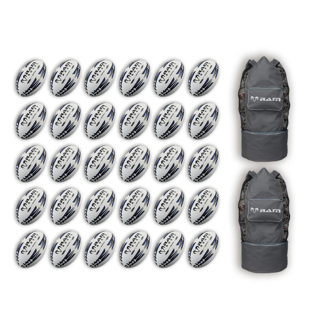 Paquete de Balones de Rugby Ram Rugby Gripper 2.0 Pro Trainer 30 Balones 2 Bolsas
