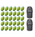 Stack of 30 Gilbert G-TR4000 trainer rugby balls with two large breathable bags for size 5 ball storage and transport