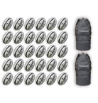 Thirty Gilbert G-TR4000 size 5 trainer rugby balls stacked with two large breathable black ball bags for easy transport and storage