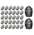 Stack of 30 Gilbert G-TR4000 trainer rugby balls in white and red with 2 large breathable ball bags for easy transport