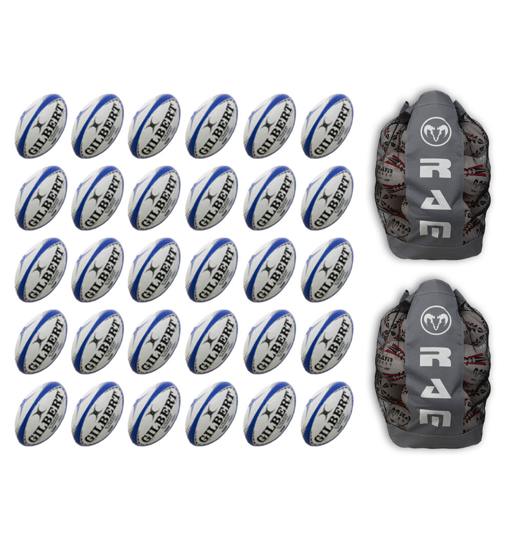 Stacked Gilbert G-TR4000 trainer rugby balls in bright yellow with black detailing, accompanied by two large breathable ball bags for training use