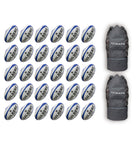Stack of 30 Gilbert G-TR4000 trainer size 5 rugby balls with 2 black breathable ball bags for team training sessions
