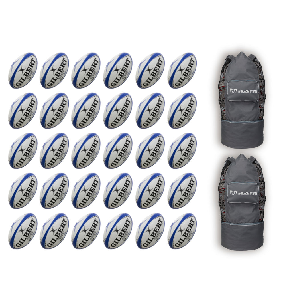 Stack of 30 Gilbert G-TR4000 trainer size 5 rugby balls with 2 black breathable ball bags for team training sessions