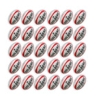 Close-up of Gilbert G-TR4000 trainer rugby balls in team colors stacked inside two large breathable ball bags for training use