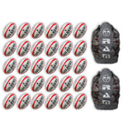 Stack of 30 Gilbert G-TR4000 trainer rugby balls alongside 2 large breathable ball bags for size 5 rugby ball storage