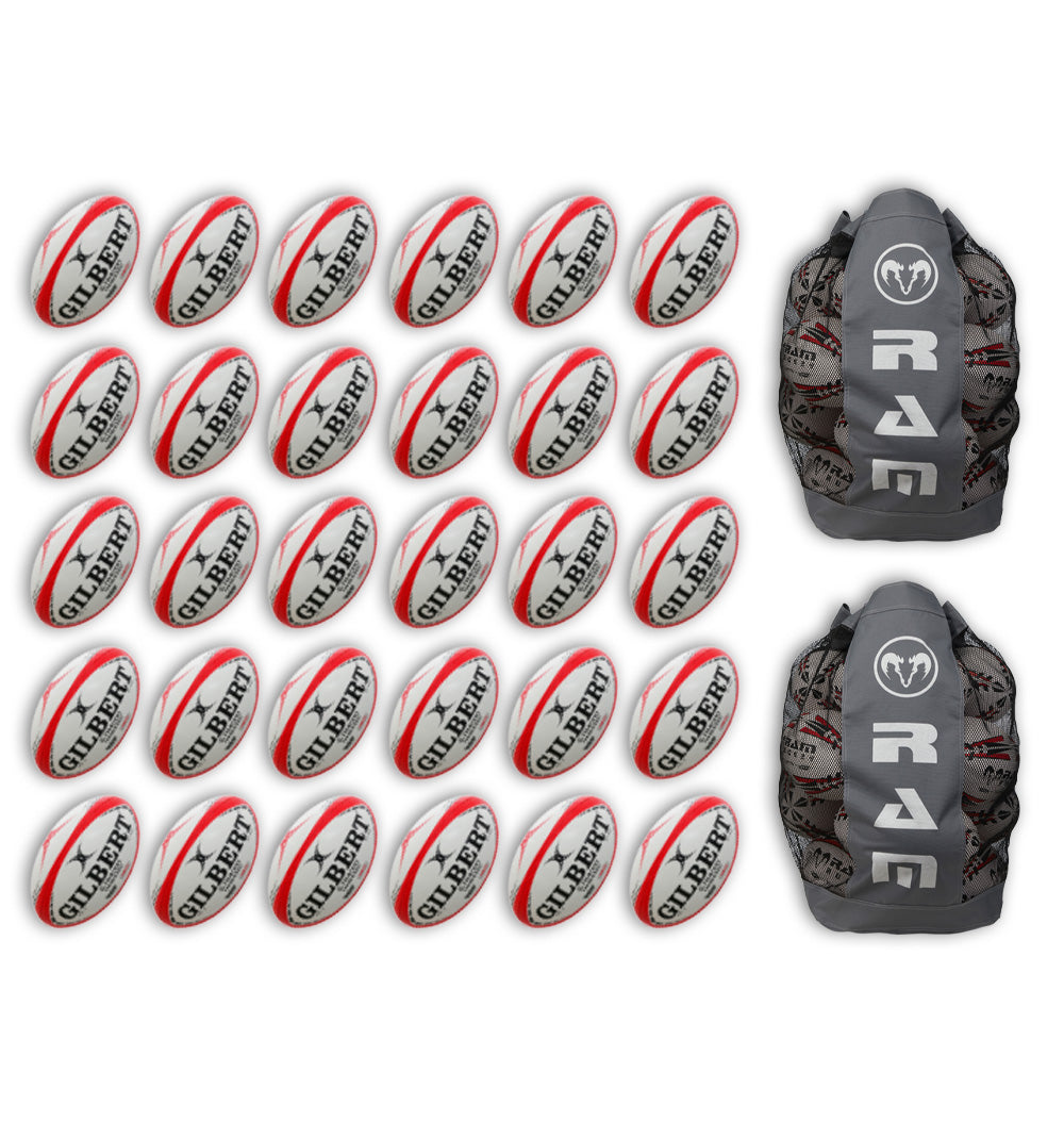 Stack of 30 Gilbert G-TR4000 trainer rugby balls alongside 2 large breathable ball bags for size 5 rugby ball storage